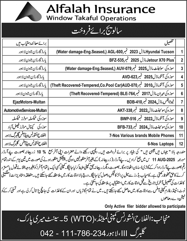 Alfalah Insurance Lahore Tender Notice